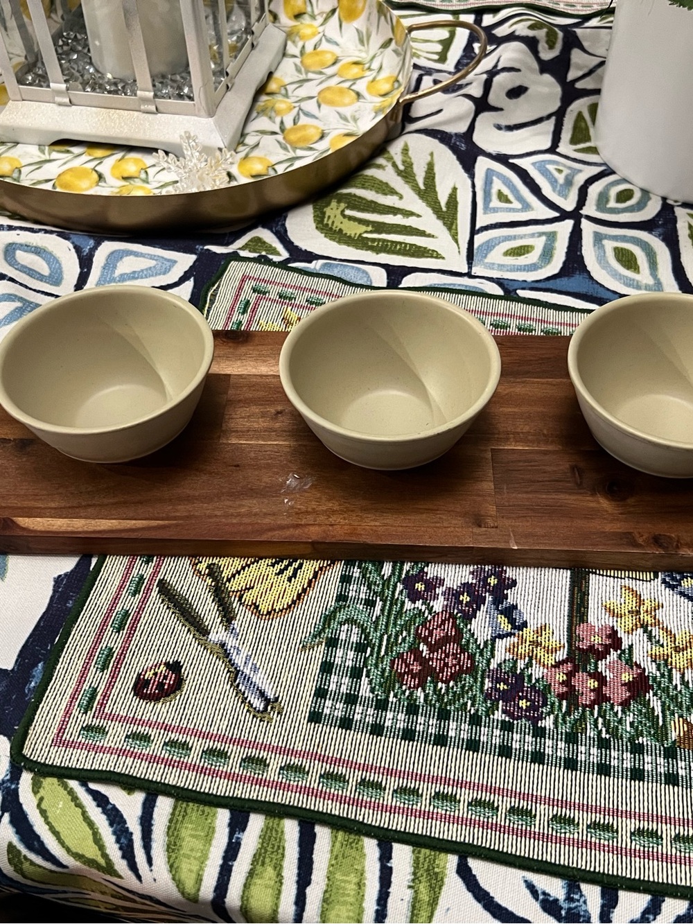 Threshold Cream Ceramic Dip Bowls with Wooden Serving Tray
